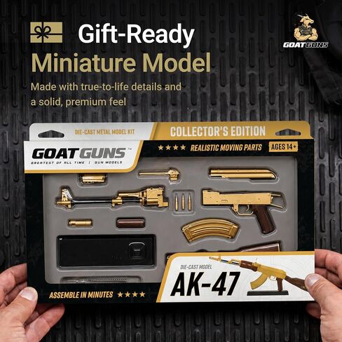 Goat Guns Miniature AK-47 Gold Model | 1:3 Scale Diecast Metal Build Kit | Non-Firing AK-47 Replica with Display Stand for Desk, Man Cave & Gaming | Collectible Military Model Kit for Adults in Kuwait