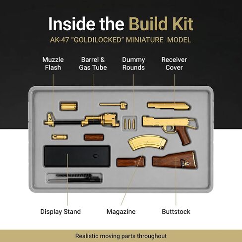 Goat Guns Miniature AK-47 Gold Model | 1:3 Scale Diecast Metal Build Kit | Non-Firing AK-47 Replica with Display Stand for Desk, Man Cave & Gaming | Collectible Military Model Kit for Adults in Kuwait