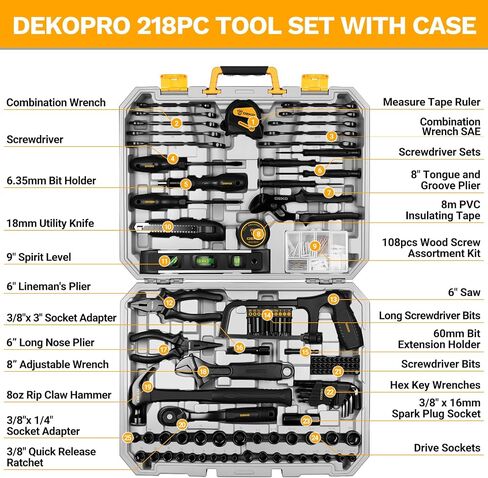 DEKOPRO 218-Piece General Household Hand Tool kit, Professional Auto Repair Tool Set for Homeowner, General Household Hand Tool Set with Plier, Screwdriver Set, Socket Set, with Portable Storage Case in Kuwait
