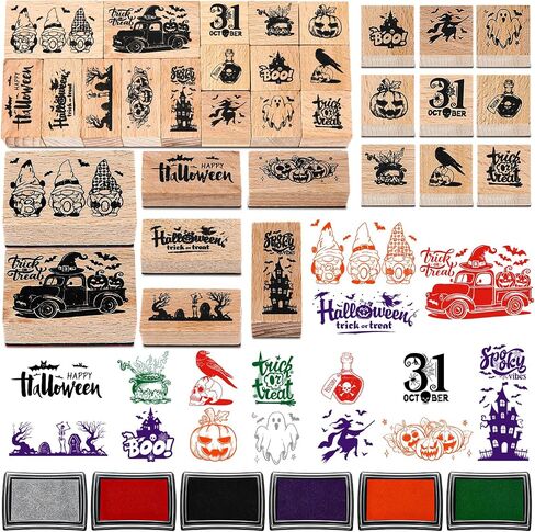 Kolldenn 22 Pcs Halloween Wooden Rubber Stamps and Craft Ink Pads Set in Kuwait