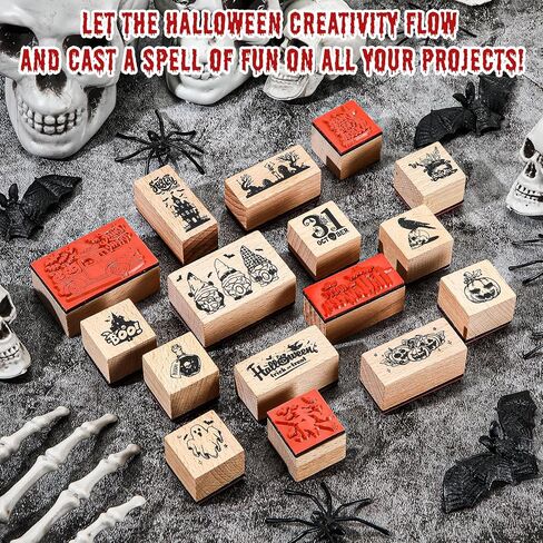 Kolldenn 22 Pcs Halloween Wooden Rubber Stamps and Craft Ink Pads Set in Kuwait