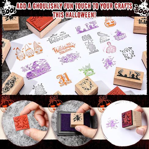 Kolldenn 22 Pcs Halloween Wooden Rubber Stamps and Craft Ink Pads Set in Kuwait
