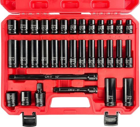 33pcs 1/2" Impact Socket Set (8-22mm), Metric Socket Set, Cr-V Steel, 6 Point Deep & Shallow Sockets, with 5" 10" Extension Bars and 1/2" Universal Joint in Kuwait