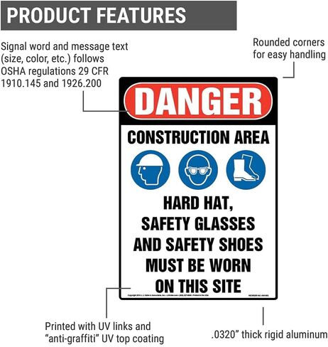 Danger: Construction Area, PPE Must Be Worn Sign - J. J. Keller & Associates - 10" x 14" Plastic with Rounded Corners for Indoor/Outdoor Use - Complies with OSHA 29 CFR 1910.145 and 1926.200 in Kuwait