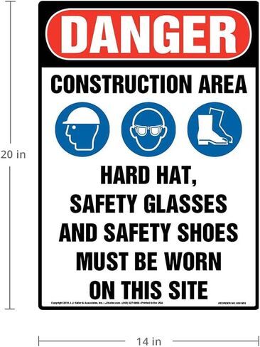 Danger: Construction Area, PPE Must Be Worn Sign - J. J. Keller & Associates - 10" x 14" Plastic with Rounded Corners for Indoor/Outdoor Use - Complies with OSHA 29 CFR 1910.145 and 1926.200 in Kuwait