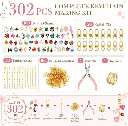 Gaiett 302 Pcs Keychain Making Kit with Charms, Bag Charm Making Kit Charms,Including 100 Pendants 20 Keychain Clips 20 Chains 160 Jump Rings Plier, DIY Crafts Gift for Women Purse Cellphone Keychain in Saudi Arabia