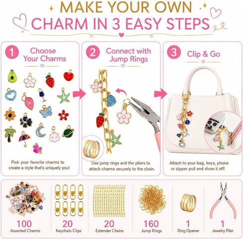 Gaiett 302 Pcs Keychain Making Kit with Charms, Bag Charm Making Kit Charms,Including 100 Pendants 20 Keychain Clips 20 Chains 160 Jump Rings Plier, DIY Crafts Gift for Women Purse Cellphone Keychain in Saudi Arabia