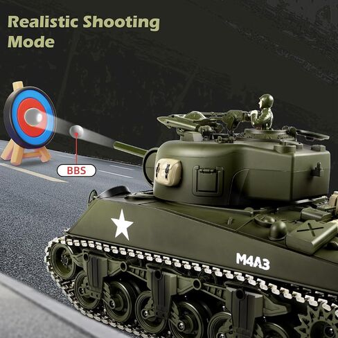 1/18 Alloy Metal M4A3 Sherman RC Tank, 2.4 GHz Remote Control Tank with Smoke, Sound and LED Light, Recoil Force, Army Toys for Adults and Kids × 2 Rechargeable Battery in Kuwait