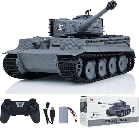 US in Stock, Taigen 1/24 RC Battle Tank Tiger I RC Military Tanks Model Mid-Term Infrared Combat Chassis Recoil LED Flash Gray for Hobby in Kuwait
