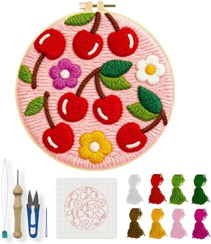 INFUNLY Cherry Punch Needle Embroidery Kit, Complete DIY Punch Embroidery Kits for Adults Beginners with Instruction, Round 8.7x8.7 Inch Flowers Needlepoint Starter Kit for Home Wall Decor, Pink in Kuwait