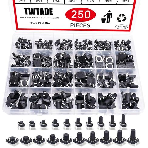 TWTADE 250 قطعة 4 دبابيس لحظة مايكرو اللمس مفتاح بـزر دفع 20 قيم 6x6 مللي متر و 12x12 مللي متر مجموعة متنوعة اللباقة QC-20V-4P in Kuwait