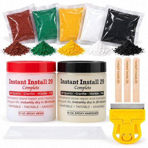 Instant Install 29– Permanent Granite Tile Marble Quartz Corian Porcelain Stone Repair Epoxy 20 Oz – Broken/Chips/Cracks – Reattaches/Rebuilds Missing Pieces – Dry in 29 Minutes! Tintable with EZ Tint in Kuwait