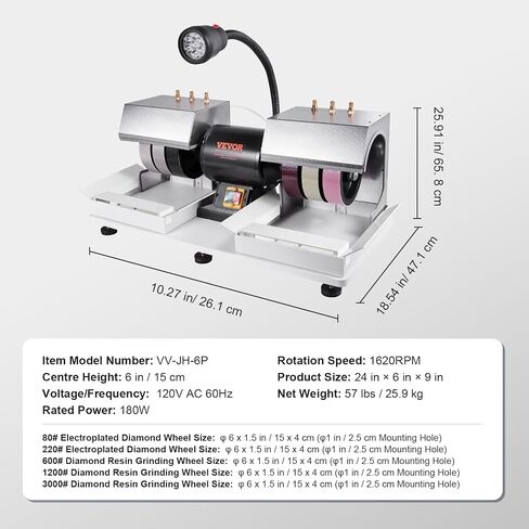 VEVOR Cabbing Machine, 6" 1/4HP 1800rpm Efficient, Lapidary Rock Grinder Polisher With Lamp & Water Pump, Gem Faceting Machine, Rock Grinding Machine for Gem Jade Stone, Create Cabochons for Necklaces in Kuwait