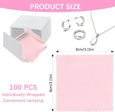 100 Pcs Jewelry Cleaning Cloth, Professional Polishing Cloth Individually Wrapped, Pink Silver Polishing Cloths for Jewelry Sterling Silver Gold Platinum Watch Coins and More (3.2" x 3.2") in Kuwait
