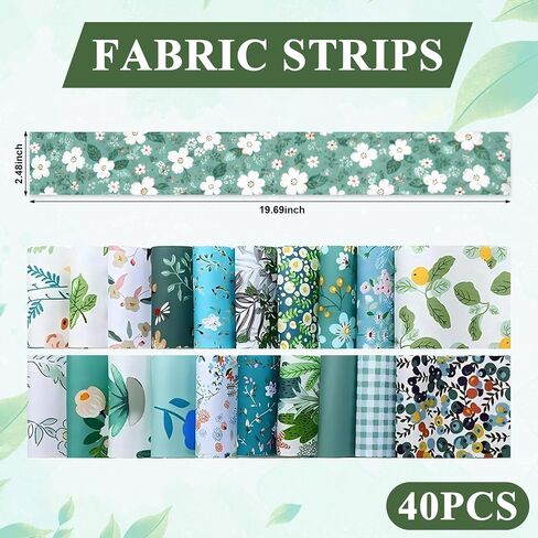 40 Green Floral Quilting Fabric Roll, 2.5 × 19.7 Inch Jelly Roll Cotton Fabric Strips, Precut Strips for Quilting, Sewing in Kuwait