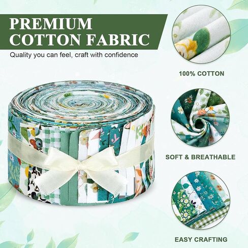 40 Green Floral Quilting Fabric Roll, 2.5 × 19.7 Inch Jelly Roll Cotton Fabric Strips, Precut Strips for Quilting, Sewing in Kuwait