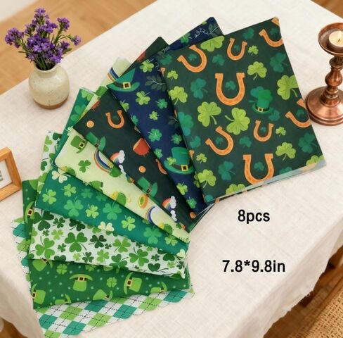 1-Pack St. Patrick's Day Themed Fabric Squares,Assorted Precut Cotton Fabric Bundles,Shamrock & Leprechaun Pattern Craft Fabric for Sewing,Patchwork,Quilting & DIY Crafts (9.84 * 7.87 Inches) in Kuwait