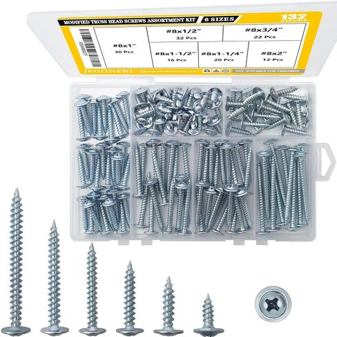 #8 Modified Truss Head Wood Screws Assortment Kit, 132 pcs, Phillips Drive, Wood Screws, Screws Assortment, Screws, Screws Set, 6 Sizes (1/2", 3/4", 1", 1-1/4", 1-1/2", 2") in Kuwait