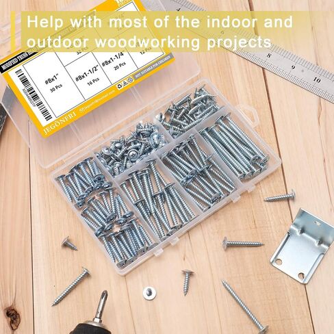 #8 Modified Truss Head Wood Screws Assortment Kit, 132 pcs, Phillips Drive, Wood Screws, Screws Assortment, Screws, Screws Set, 6 Sizes (1/2", 3/4", 1", 1-1/4", 1-1/2", 2") in Kuwait