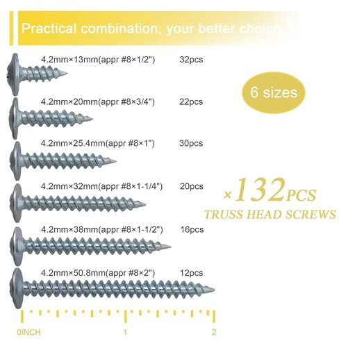 #8 Modified Truss Head Wood Screws Assortment Kit, 132 pcs, Phillips Drive, Wood Screws, Screws Assortment, Screws, Screws Set, 6 Sizes (1/2", 3/4", 1", 1-1/4", 1-1/2", 2") in Kuwait