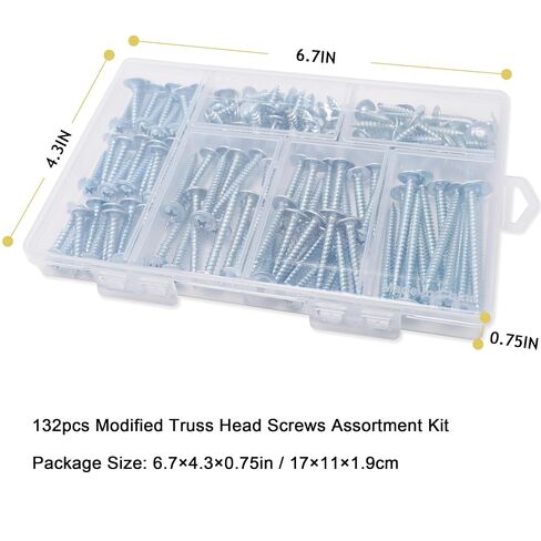 #8 Modified Truss Head Wood Screws Assortment Kit, 132 pcs, Phillips Drive, Wood Screws, Screws Assortment, Screws, Screws Set, 6 Sizes (1/2", 3/4", 1", 1-1/4", 1-1/2", 2") in Kuwait