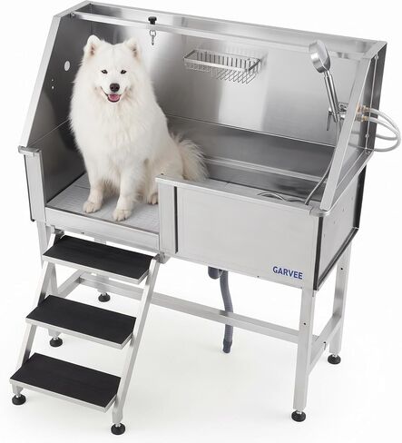 Garvee 46 Inch Stainless Steel Dog Washing Station with Walk-in Ramp, Heavy Duty Pet Grooming Bathtub, Brushed Finish, Left Door Options in Kuwait
