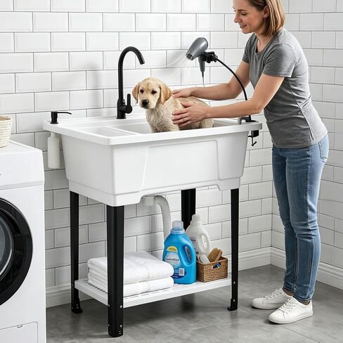 ROVSUN 25-Gallon Freestanding Pet Washing Station Utility Sink, White in Kuwait
