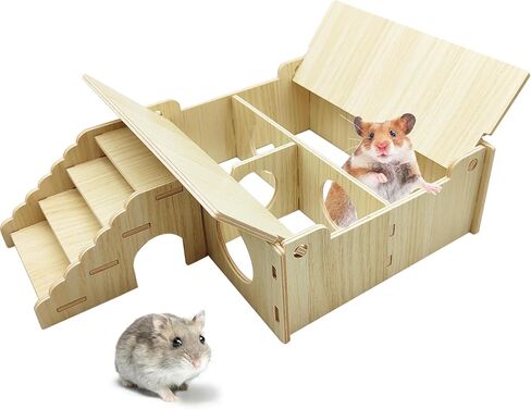 Wooden Hamster Hideout Tunnel Multi-Chamber House Dwarf Hamster Hiding Hut Maze Platform Habitats Exploring Toys for Gerbil Rat Mice in Saudi Arabia