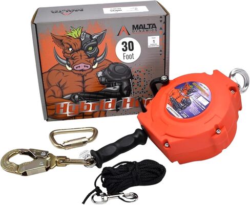 مالطا ديناميات Hybrid Hog ذاتي السحب Lifeline 30' Class A & B، نظام فرامل سريع الحركة، كابل YoYo، حبل أمان قابل للسحب للحماية من السقوط - متوافق مع OSHA/ANSI برتقالي وأسود in Kuwait