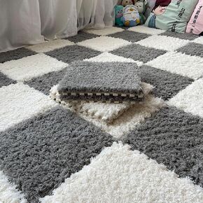 Thickened Plush Foam Interlocking Floor Carpet Mat,24 Piece 12x12in Fluffy Square Puzzle Foam Carpet Tiles with Edgings,Soft Anti-Slip Shaggy Area Rug Playmat(Color:Rose red+Purple) in Kuwait