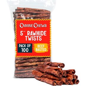 Canine Chews Beef & Chicken Basted Rawhide Twists - Dog Bones for Small Dogs - Rawhide Bones for Medium Dogs - Helps Promote Dental Health - 50 Beef & 50 Chicken Treats in Kuwait
