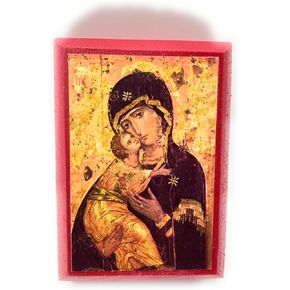 Wooden Greek Orthodox Christian Ancient Icon Saint Mary/Holy Virgin Mary/Theotokos/Virgin of Vladimir (2.5" x 3.5") in Kuwait
