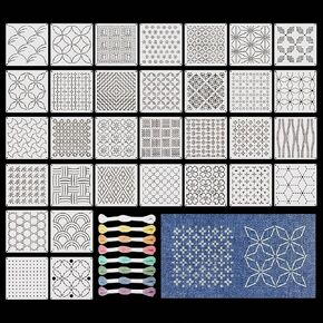 40 Pcs Sashiko Stencil Set, 32 Pcs 5.12 x 5.12 in Reusable Plastic Geometric Sashiko Pattern Templates with 8 Color Threads, Embroidery Marking Stencils for Visible Mending, Hand Sewing and Quilting in Kuwait