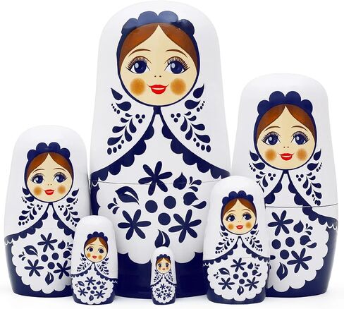 Cute Little Girl Nesting Dolls, White and Blue Girls Russian Nesting Dolls Set of 6 Flower Girl Wooden Matryoshka Dolls Wishing Doll for Birthday Kids Stacking Toy Boy Girl Gift Home Decoration in Kuwait