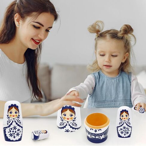 Cute Little Girl Nesting Dolls, White and Blue Girls Russian Nesting Dolls Set of 6 Flower Girl Wooden Matryoshka Dolls Wishing Doll for Birthday Kids Stacking Toy Boy Girl Gift Home Decoration in Kuwait