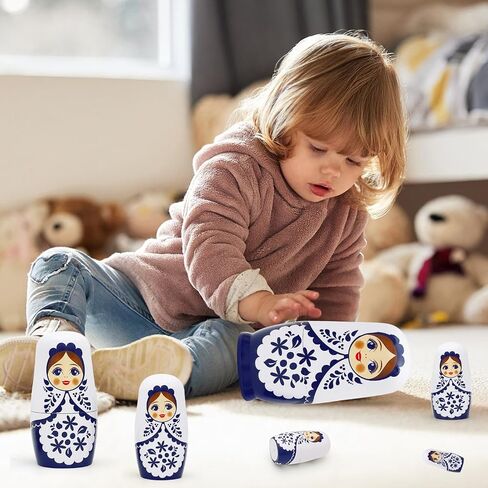 Cute Little Girl Nesting Dolls, White and Blue Girls Russian Nesting Dolls Set of 6 Flower Girl Wooden Matryoshka Dolls Wishing Doll for Birthday Kids Stacking Toy Boy Girl Gift Home Decoration in Kuwait