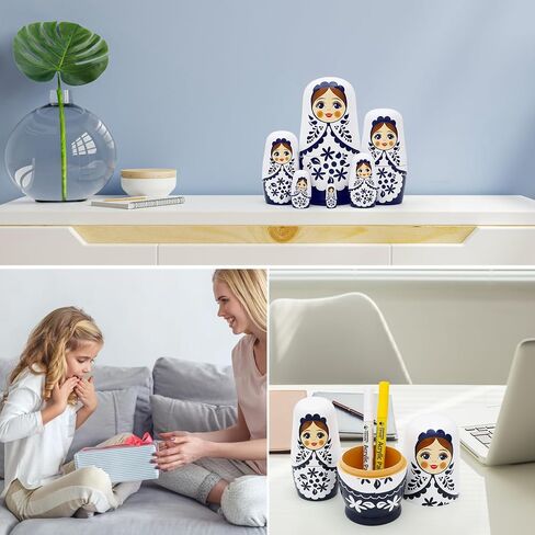 Cute Little Girl Nesting Dolls, White and Blue Girls Russian Nesting Dolls Set of 6 Flower Girl Wooden Matryoshka Dolls Wishing Doll for Birthday Kids Stacking Toy Boy Girl Gift Home Decoration in Kuwait