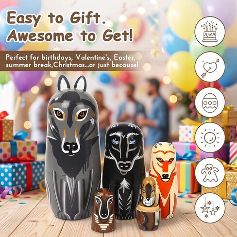 5 Pcs Russian Nesting Dolls Matryoshka Doll Handmade(Wolf) in Kuwait
