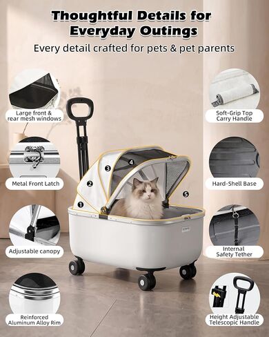 Rolling Cat Carrier with Wheels, Hard Shell, White in Kuwait