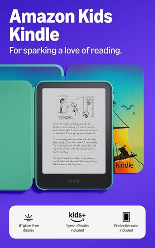 Amazon Kids Kindle 16GB (newest model), Now thinner and lighter, 6" glare-free display, weeks of battery, includes 1 year of books and Lakeside Retreat cover in Kuwait