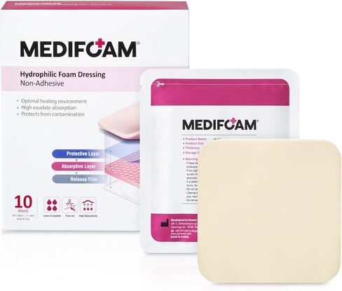 MEDIFOAM - Hydrophilic Foam Dressing, Non-Adhesive (Non-Woven Fabrics for Fixation are Enclosed), Foam Dressing for High exudate Wounds, 2in x 2.8in (3sheets) in Kuwait