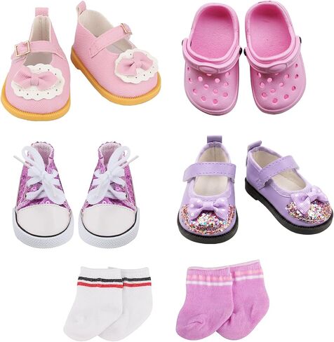 4 Pairs Doll Shoes + 2 Pairs Socks for 18 Inch Dolls, 6 Pairs Doll Accessories Includes Canvas Shoes, Purple Rabbit Shoes, Bow-Adorned Shoes, and Sandals in Kuwait