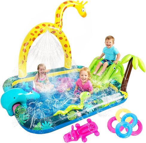 Inflatable Jungle Animal Play Center, Inflatable Water Park Kiddie Pool with Slide, Water Sprayer for Summer Outdoor Splash, Backyard and Garden 102.5" x75" x 54.5" in Kuwait