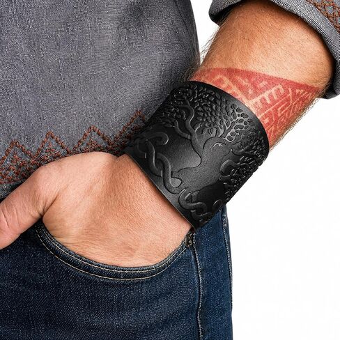Hand-made in Ukraine Valknut Black Leather Viking Bracelet - Gift for Men - Mens Leather Cuff Bracelets Wristbands - Viking Genuine Leather Punk Lv Axe Сuffs Wristband - Size 6-7 inch 90wc in Kuwait