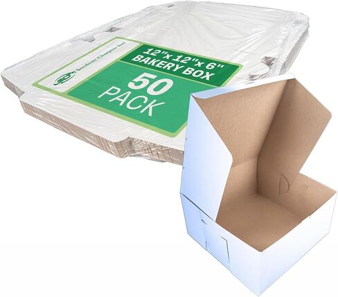 Southern Champion Tray 0989 Premium Clay-Coated Kraft Paperboard White Non-Window Lock Corner Bakery Box, 12" Length x 12" Width x 6" Height, White (Case of 50) in Kuwait