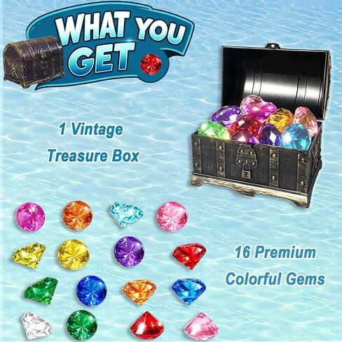 Diving Gems Pool Toys,16 Pcs Big Colorful Diamond with Treasure Chest Pirate Box Toy for Kids Swim Dive Underwater Gemstone Swimming Training Pool Games and Pirate Themed Party in Kuwait