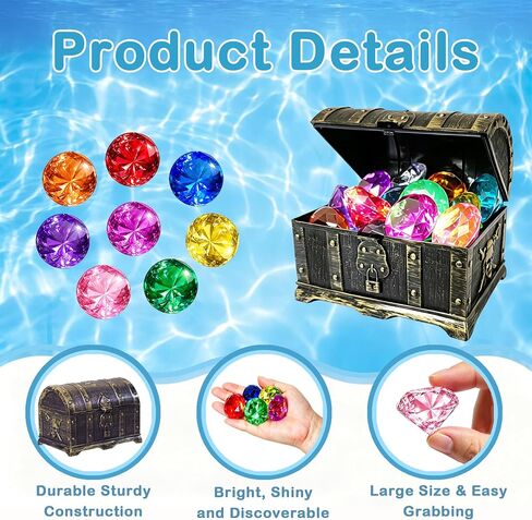 Diving Gems Pool Toys,16 Pcs Big Colorful Diamond with Treasure Chest Pirate Box Toy for Kids Swim Dive Underwater Gemstone Swimming Training Pool Games and Pirate Themed Party in Kuwait