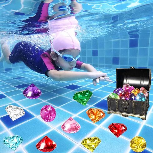 Diving Gems Pool Toys,16 Pcs Big Colorful Diamond with Treasure Chest Pirate Box Toy for Kids Swim Dive Underwater Gemstone Swimming Training Pool Games and Pirate Themed Party in Kuwait