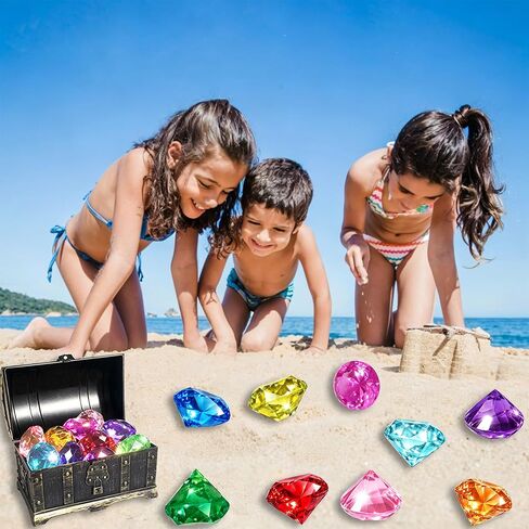 Diving Gems Pool Toys,16 Pcs Big Colorful Diamond with Treasure Chest Pirate Box Toy for Kids Swim Dive Underwater Gemstone Swimming Training Pool Games and Pirate Themed Party in Kuwait