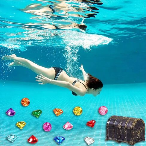 Diving Gems Pool Toys,16 Pcs Big Colorful Diamond with Treasure Chest Pirate Box Toy for Kids Swim Dive Underwater Gemstone Swimming Training Pool Games and Pirate Themed Party in Kuwait
